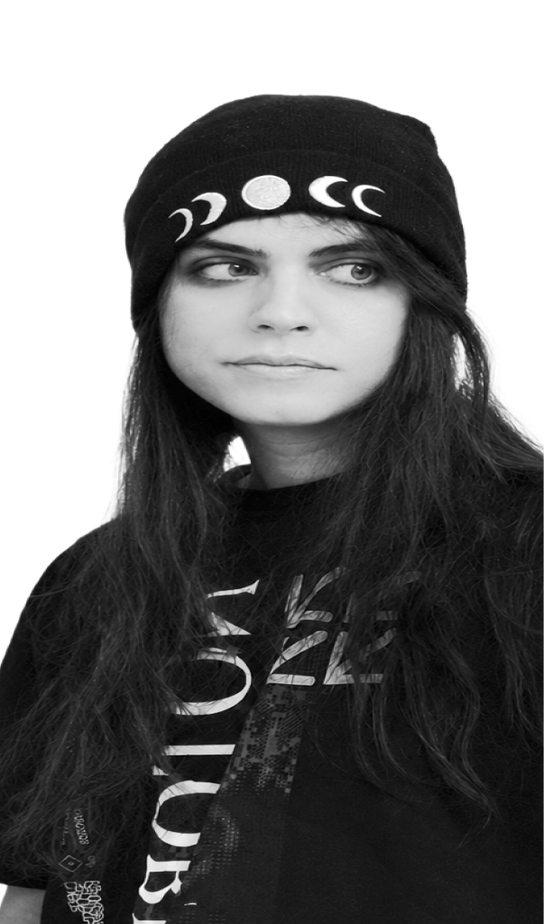 Robin Freundt wearing a black moon-phase beanie.
