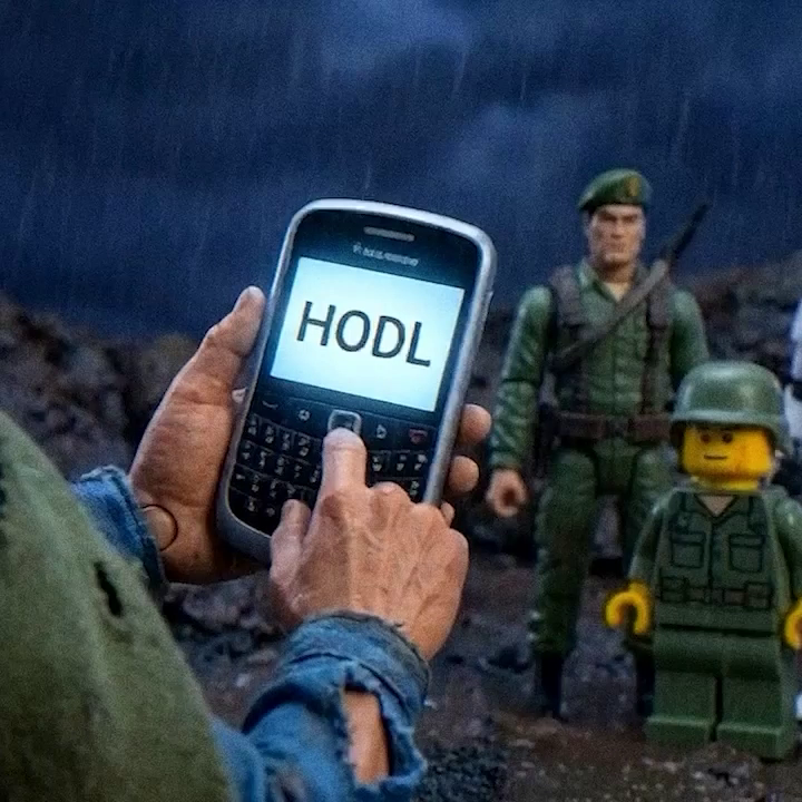 A miniature wartime scene with a phone displaying HODL.