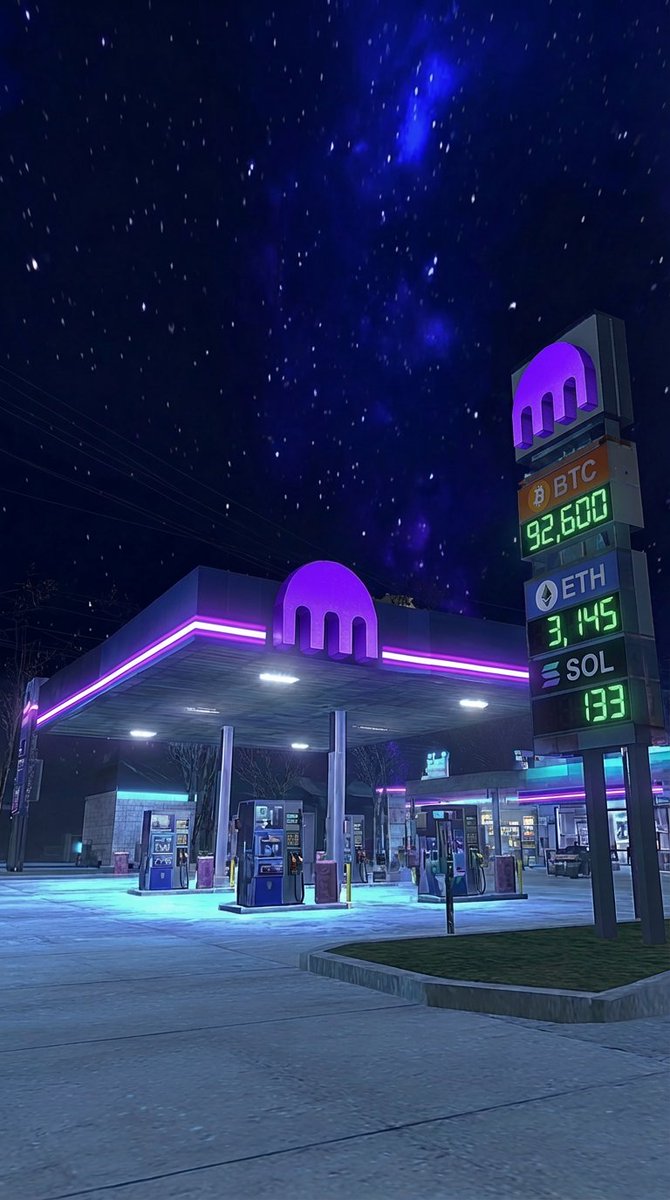 A neon-purple roadside market under a starlit sky.