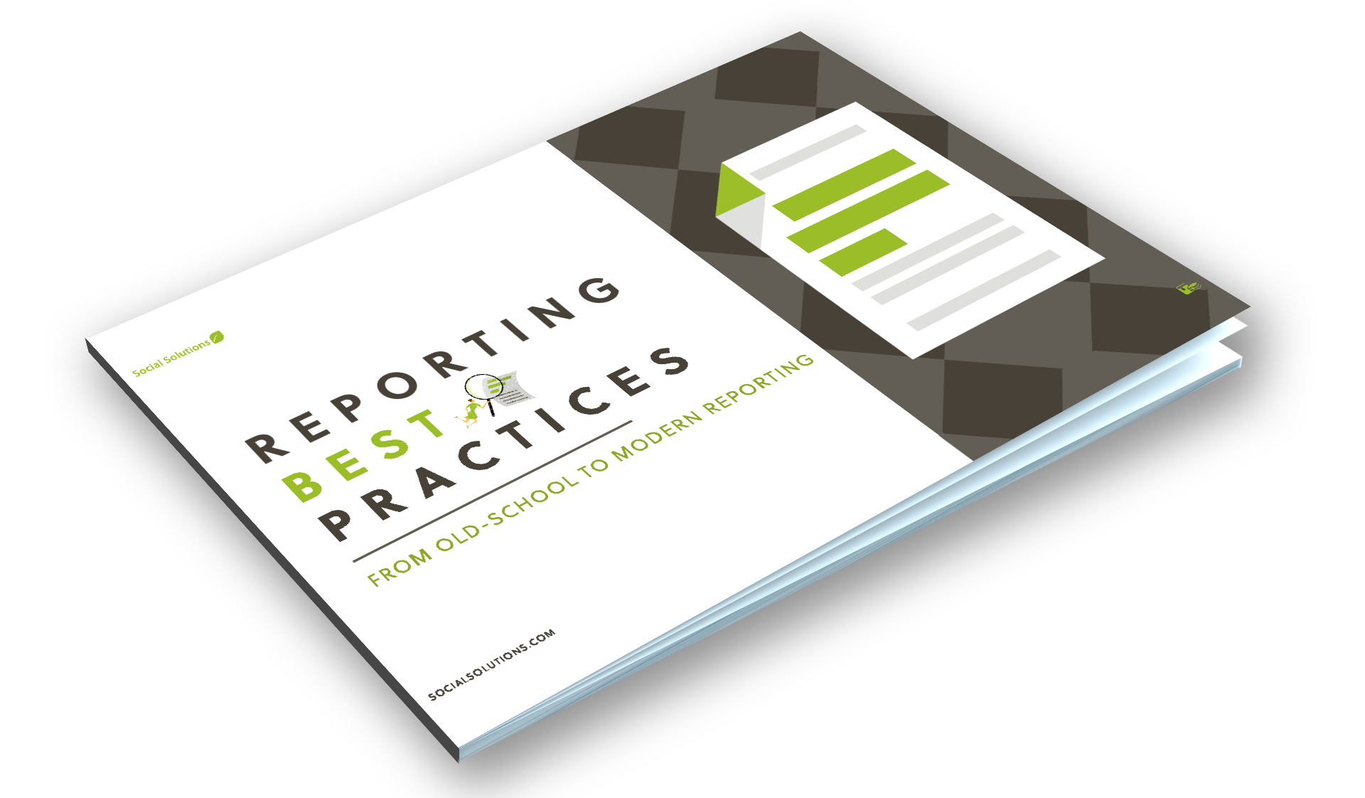 Social Solutions Reporting Best Practices ebook mockup, subtitled From Old-School to Modern Reporting.